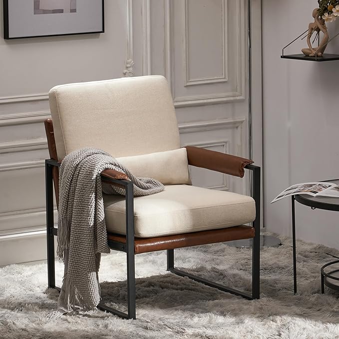 JOYBASE Modern Accent Chair Mid Century Modern Chair Armchair Metal Frame Comfy Reading Chair Lounge Arm Chair for Living Room Bedroom (Beige &amp Brown Linen)