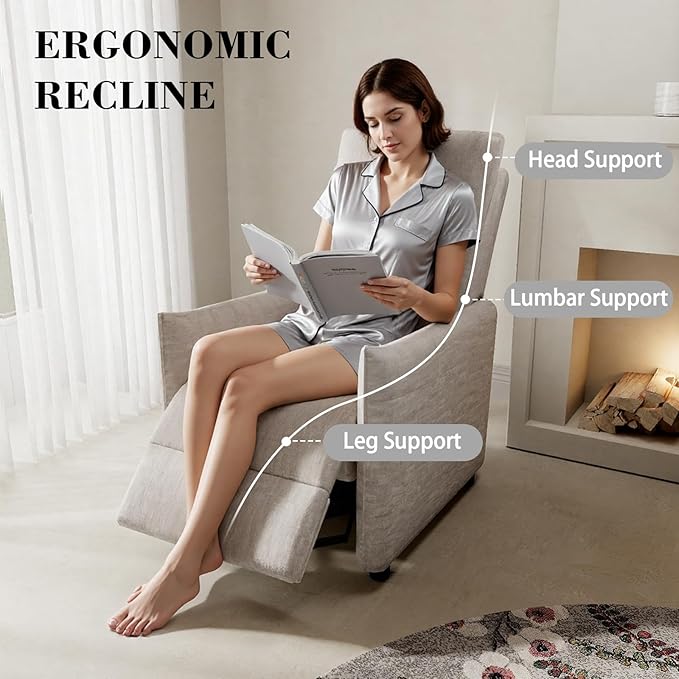 Chenille Fabric Recliner Chair for Adults - Manual Push Back Reclining Sofa with Sturdy Metal Frame Overstuffed High-Density Foam Adjustable Footrest for Living Room Home Theater (Beige)