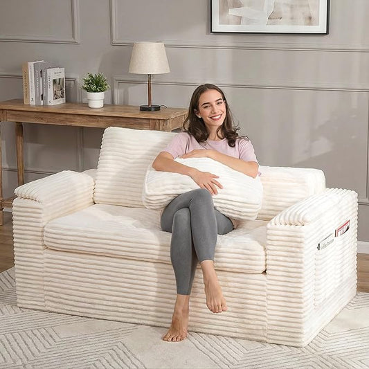 Boneless Loveseat 2 Seater Deep Seat Loveseat Sofa with Wide‑Wale Corduroy for Small Spaces &amp Living Room 60” Width No Assembly Washable Cover Beige