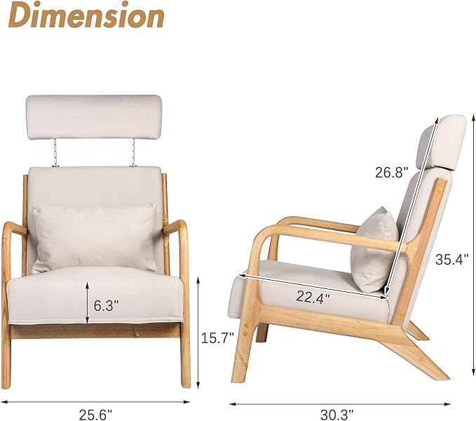 LUCKYERMORE Modern Accent ChairSet of 2 Reading Armchairs with Adjustable Headrest Upholstered Linen Lounge ChairSolid Wood Comfy Chair for Living Room Bedroom Apartment Beige