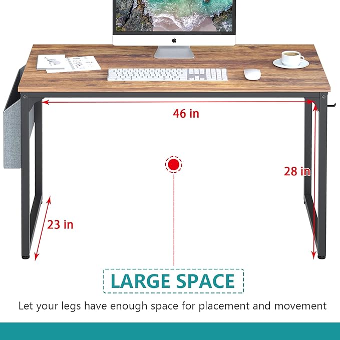 PayLessHere Computer Desk with 2 Shelves 47 in Length Study Writing Table 2-in-1 Large Office Desk with Metal Legs Adjustable feet Modern Furniture for Home Office Study Room-Rustic Brown