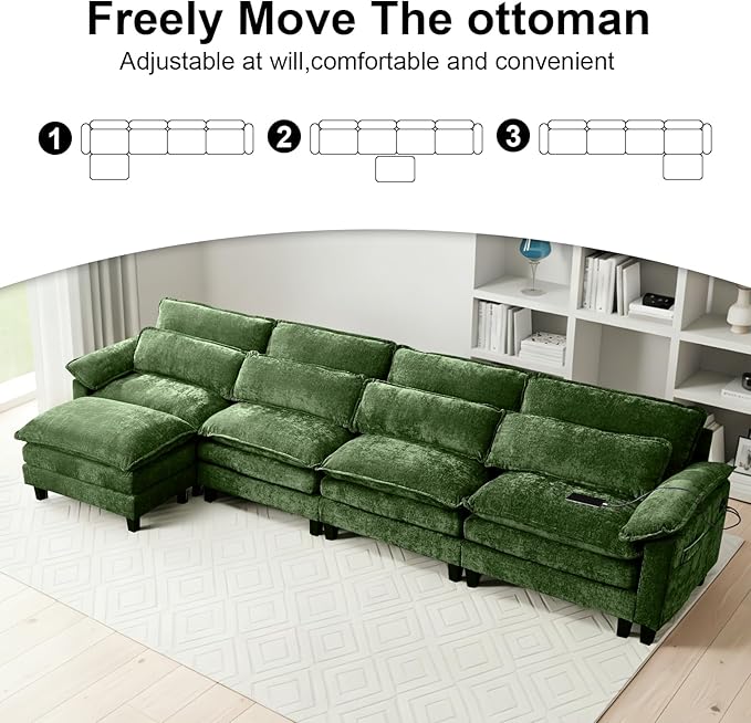 148'' Modular Sectional SofaL Shaped Couch with Movable Ottoman Comfy Cloud Sofa with Deep Seat 4 Seat Convertible Sectional Couches for Living Room with USB Charging &amp Side Pockets(Green)