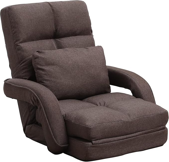Indoor Floor Chair with Armrest and Pillow Folding Chaise Lounge Sofa 14-Position Adjustable Comfy Gaming Recliner Chair Padded Seats for Adults(Brown)