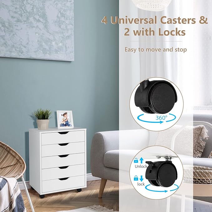5 Drawers File Cabinet Vertical Filing Cabinet for Home Office Mobile Under Desk Office Storage Cabinet with Wheels Modern Chest of Drawers for Bedroom (White 5 Drawers)
