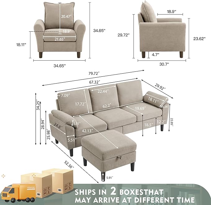 79 Convertible Sectional Sofa Set Modern Linen Small L Shaped Couch with Reversible Ottoman and Accent Chair 3-Seat Sofa Couches for Living Room Office Apartment Beige