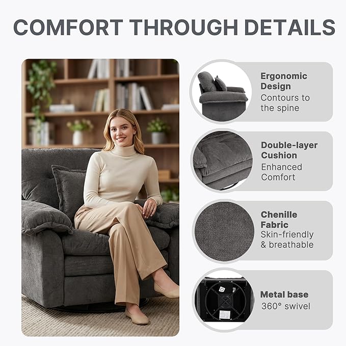 360° Swivel Accent Chair Oversized Plush Modern Chenille Armchair with Padded Seat &amp Back Comfy Spinning Chair for Living Room Bedroom Office (Grey)