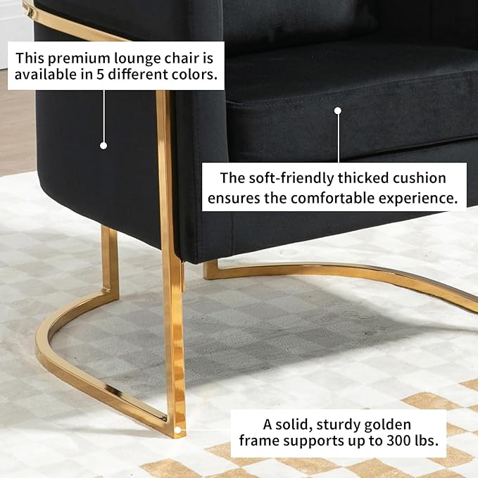 Velvet Modern Accent Chair Upholstered Barrel Armchair Mid Century with Pillow for Living Room Comfy Single Vanity Chair with Metal Gold Legs for Bedroom Black