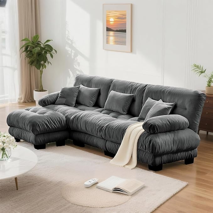 SoarFlash Velvet Sectional Sofa Ottoman Grey