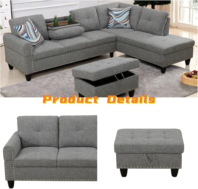 FONTOI L Shaped Sectional Couch with Otttoman 97 Sectional Sofa for Living Room Flannel Modular Couches with Cup Holders for Bedroom Apartments Grey