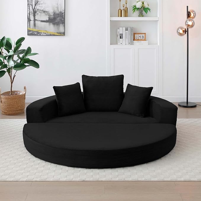 67-inch Convertible Futon Sofa Bed Round Folding Comfy Corduroy Upholstered Couch Bed with 3 Pillows Boneless Floor Lazy Loveseat Sofa for Living Room Apartment Small Spaces Pinstripe Black
