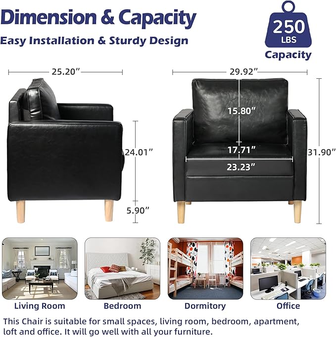 STHOUYN Black Faux Leather Accent Chairs Set of 2 Small Living Room Bedroom Chairs Comfy Reading Chair Single Sofa for Adults Suitable Small Spaces Office Couch Easy Assembly
