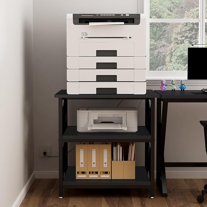 Large Printer Stand with Power Outlet with Height Adjustable Storage Shelf 3 Tier Rolling Printer Cart with Industrial Wheels 23.6 x 23.6 Inches Printer Table for Home OfficeBlack