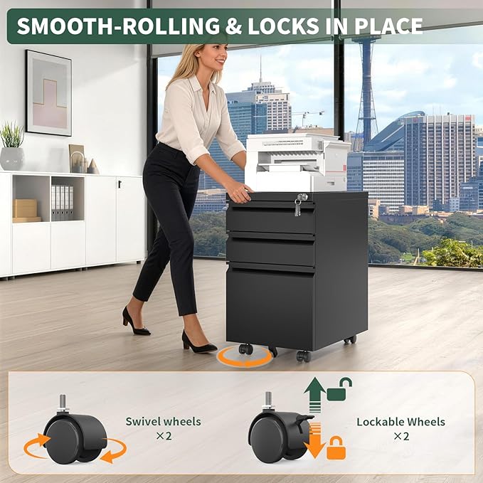 3 Drawer File Cabinet with LockUnder Desk Rolling Small Filing Cabinet for Home Office StorageMobile Steel Cabinets with WheelsFully AssembledBlack