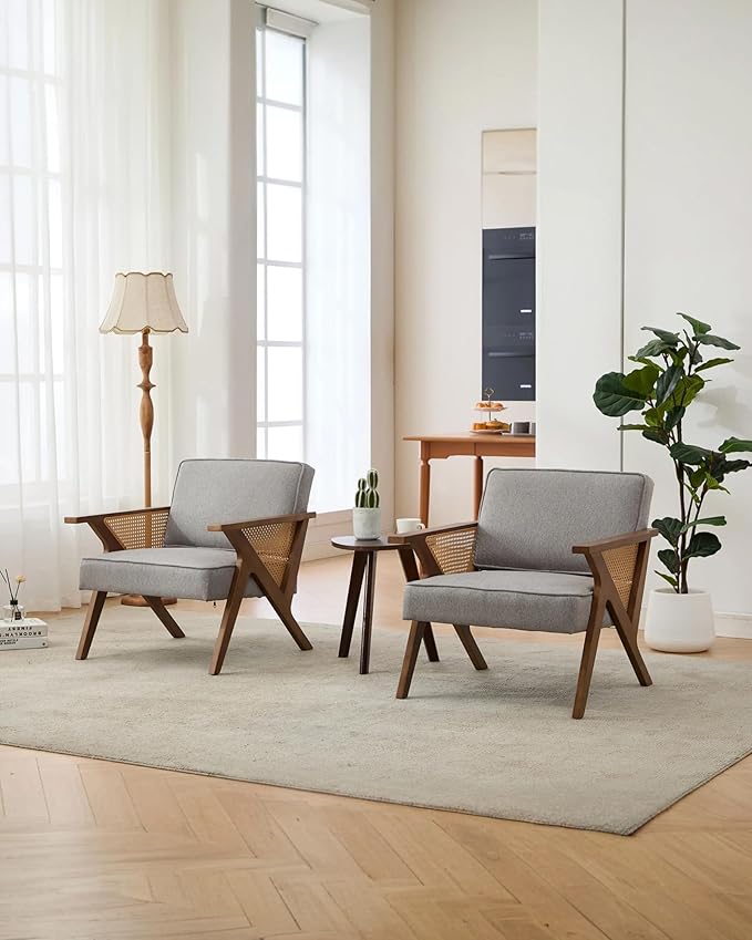GarveeHome Linen Accent Chairs Mid-Century Modern Armchair with Wood Legs for Living Room Bedroom Waiting Room
