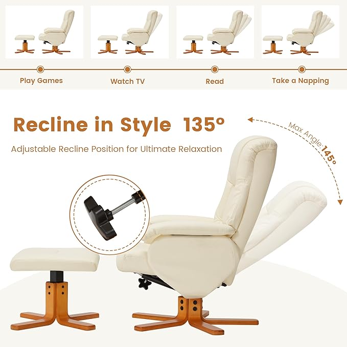 Swivel Recliner with Ottoman Chaise Lounge Chair Indoor Swivel Chairs for Living Room Small Space BedroomOffice (Beige)