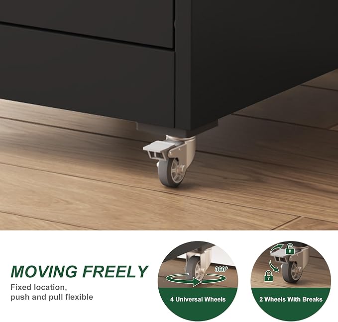 5 Drawer Metal Vertical File Cabinet with Lock on Wheels Heavy Duty Storage for A4 Letter Legal Size Files Home Office Under DeskBlack