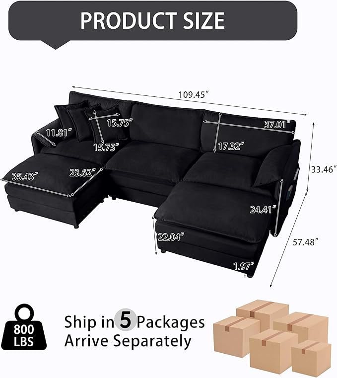 109 Modular Sectional Sofa with 2 Ottoman Chenille Cloud Couch for Living Room &amp Apartment Deep Seat Comfort Flexible U-Shape Combination Sofa for Home &amp OfficeBlack