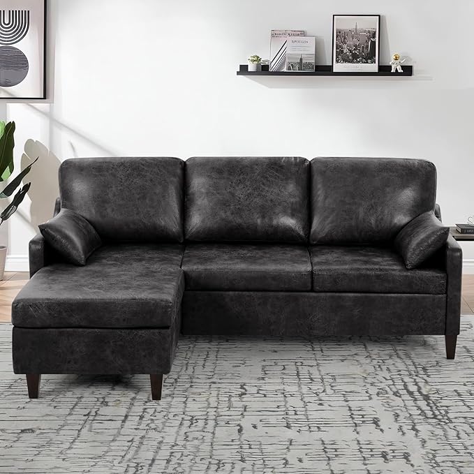 76 Sectional Sofa Couch w/Reversible Chaise Suede Leather L Shaped Sofa w/USB Charger Ports &amp Storage Bag Convertible Modern Couch w/Storage Space for Living Room Small Space Black