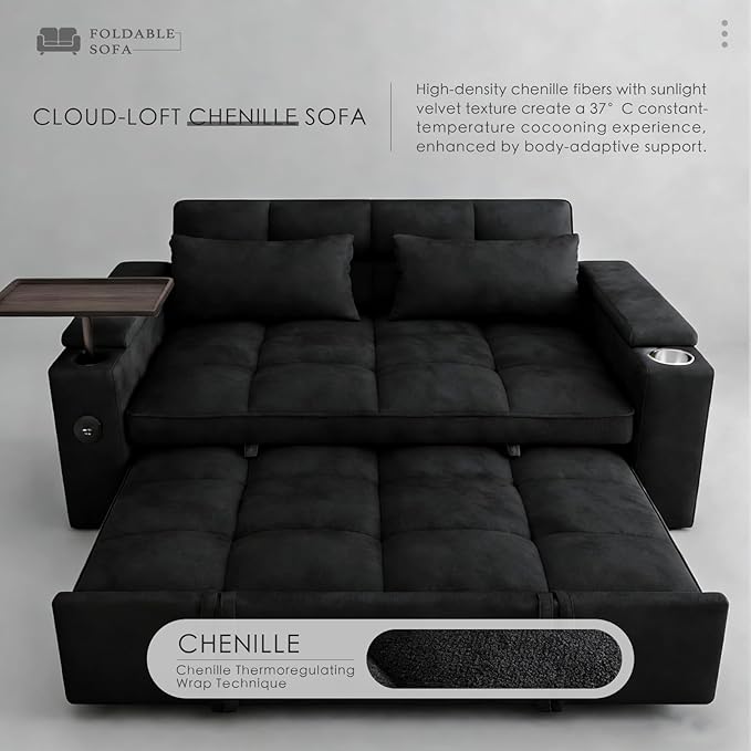 Dreamzie 65'' 3 in 1 Convertible Sleeper Sofa Bed Chenille Pull Out Couch for Living Room with 90° Swivel Side Table Loveseat Sleeper with Charging Port | Side Pocket | Cup Holders Black