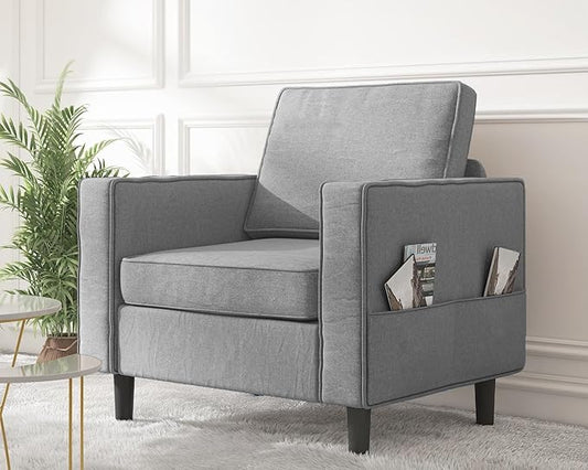Mjkone Armchair Accent Chair with Storage Pockets Modern Single Sofa Chair for Living Room/Apartment/Small Spaces/Bedroom - Light Grey