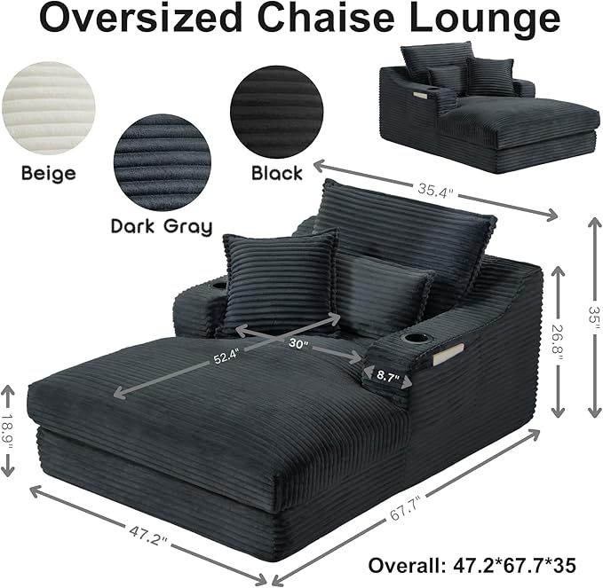 47 Boneless Chair Chaise Lounge: Oversized Comfy Corduroy Upholstered Indoor Couch with Armrets and 3 Pillows for Living Room Bedroom and Apartment Deep Seat Sleeper Sofa Grey