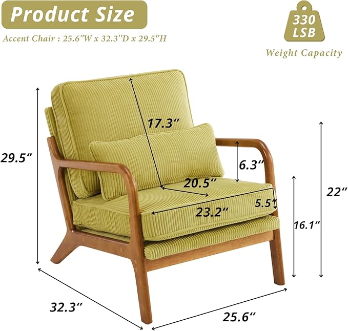 Karl home Mid-Century Modern Accent Chair Living Room Chairs with Pillow Corduroy Upholstered Lounge Armchair with Solid Wood Frame &amp Soft Cushion for Bedroom Reading Room Green