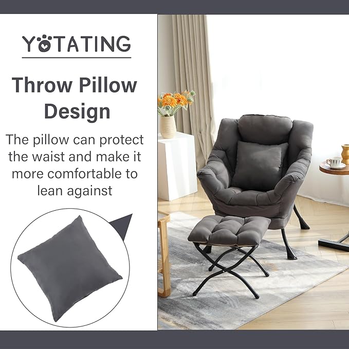 Lazy Chair with Ottoman Comfy Reading Lounge Chair with Footstool &amp Throw Pillow Modern with Armrests &amp Side Pocket for Living Room Bedroom Dorm Room Dark Grey
