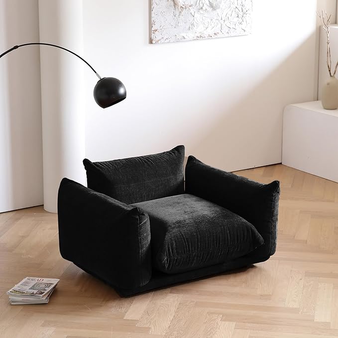 JACH Mid-Century Modern Comfy Sofa Couch with Thick Cushion Chenille Single Accent Chair Deep Seat Couches 50 Plush Sofas Furniture for Small Spaces Living Room Bedroom Office Apartment Black