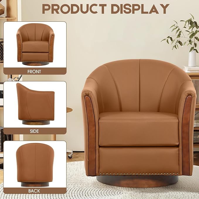360° Swivel Accent Chair Modern Leather Barrel Club Chair with Leather Upholstery and Sturdy Wood Base Comfortable Armchair for Living Room Bedroom Reading Nook Brown