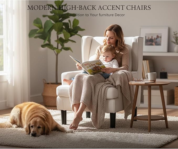 Accent Chairs Set of 2 for Living Room Chairs Modern Accent Chair Oversized Reading Chair for Living Room Sofa Chair with High Back and Wood Legs Upholstered Armchair Comfy Chair for Bedroom (Beige)