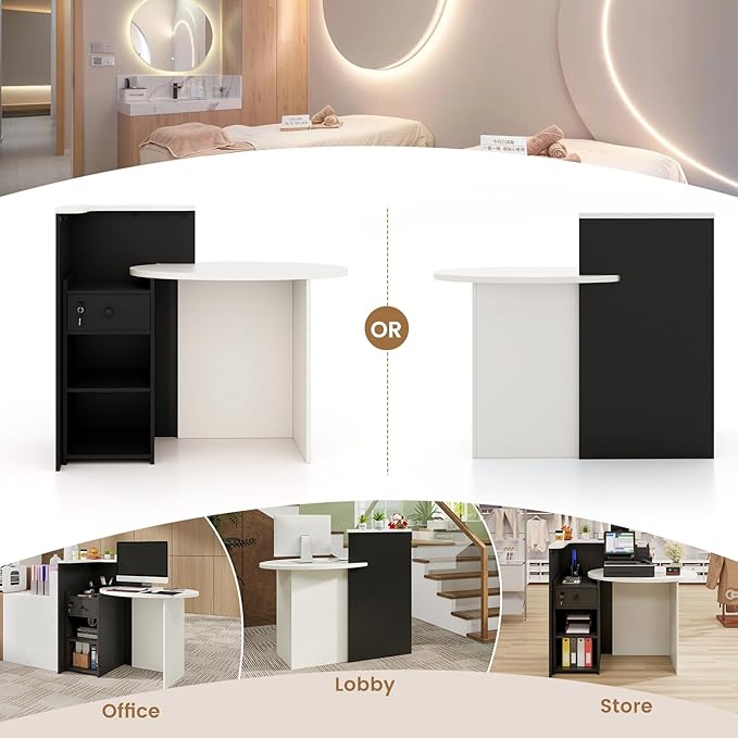 Reception Desk Small Retail Checkout Counter with Lockable Drawer and Open Shelves Wooden Front Desk Reception Counter Oval Desktop &amp L Counter for Store Office Lobby Salon (White &amp Black)