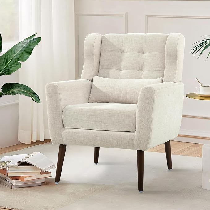 Modern Accent Chair Upholstered Arm Chair with Waist Pillow Single Sofa Chair for Living Room Bedroom Small Spaces (Beige)