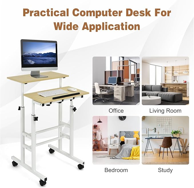 COSTWAY Mobile Standing Desk Height Adjustable Rolling Laptop Cart w/Tilting Desktop for Standing or Sitting Lockable Casters Home Office Computer Workstation for Small Spaces (Natural)