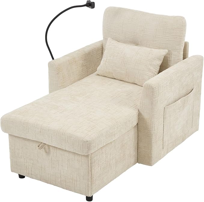 32 Comfy Chaise Lounge Sofa Bed Chair with Storage Side Pockets Phone Holder &amp 2 Pillows Modern Chenille Upholstered Sleeper Sofa Leisure Chair for Living Room Bedroom Small Spaces (Beige)
