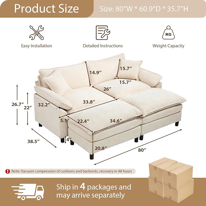 Chenille Modular Sectional Sofa 80'' Comfy Cloud Sofa Couch with Remove Ottoman Large U-Shaped Extra Deep Seat Sofa with Pillows for Living Room DIY Beige