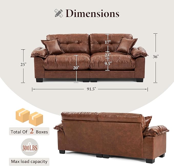 Faux Leather Sofa Mid Century Modern Deep Loveseats Comfy Cloud Couch Tufted Pillow Top Arm Furniture for Living Room Apartment Cognac Brown