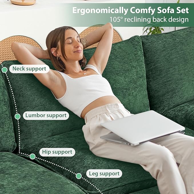 Oversized Modular Sectional Sofa 146.5 Inch U Shaped Cloud Couch Set 4-Seat Comfy Convertible Sofa with 2 Movable Ottoman DIY Combination Sleeper Couch for Living Room(Chenille Green)