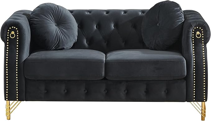 ERYE 60.5-Inch Button Tufted Sofa Couch with 2 Round Pillows 2 Seat Velvet Tufted Sofa Compact Chesterfield Loveseat Couches W/Nailhead DecorRing Accent &amp Golden Legs
