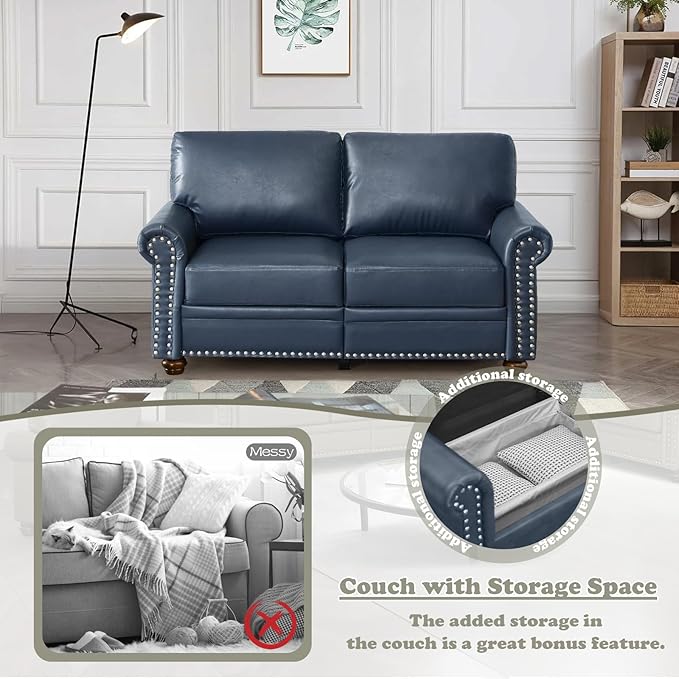 Antetek Comfy Upholstered PU Leather Sofa 59-inch Mid-Century Modern Loveseat Sofas with Storage Space &amp Solid Bun Feet Small Couches for Living Room Small Space Bedroom Navy Blue