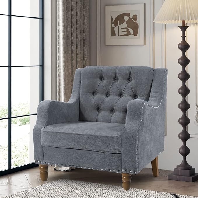 Linen Accent ChairsUpholstered Button Tufted Living Room ChairMid Century Armchair Sofa ChairsComfy Reading Chair for BedroomLiving RoomStudy (Grey 1)