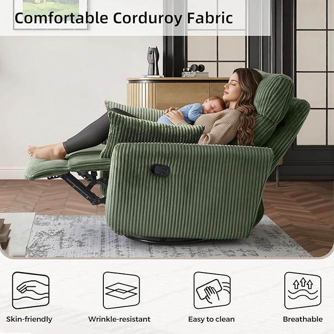 Swivel Recliner Chair for Adults Corduroy Nursery Glider Rocking Chair Armchair with 2 Pillows Comfy High Back Reclining for Small Spaces Nursery Bedroom Living Room (Corduroy Green 1 Pack)
