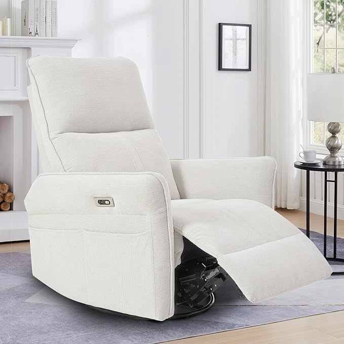 cinkehome Power Swivel Rocker Recliner with USB Overstuffed Electric Reclining Chair Snowflake Fleece Rocker Recliner for Nursery Living Room