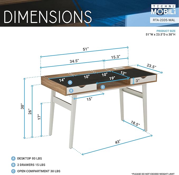 51 Compact Computer Desk with Black Tempered Glass Top Easy-Access Back Storage Compartment 2 Drawers Open Shelf and Cable Management Stylish Home Office Desk with White Steel Frame Walnut