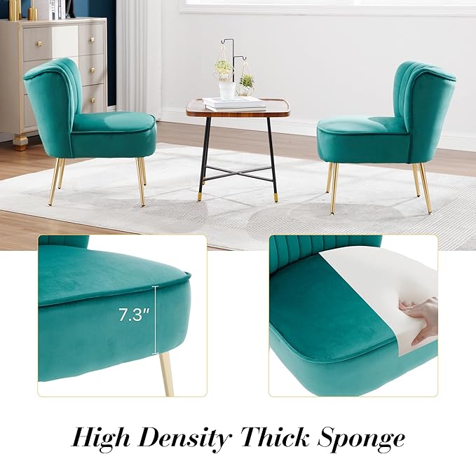 Velvet Accent Chair Set of 4 Comfy Upholstered Side Chair with Gold Metal Legs and Padded Seat Modern Small Corner Armless Living Room Chairs with Wing Back Dark Green