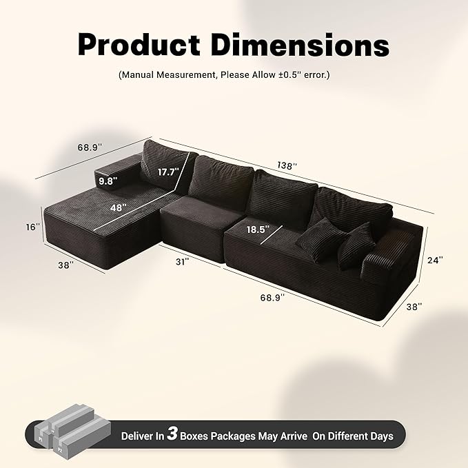 138 Boneless Couch with Deep Seat Set of Modular Sectional Sofa Cloud Sectional Couch for Living Room No Assembly Required Corduroy 4 Seater L-Shape Left Black