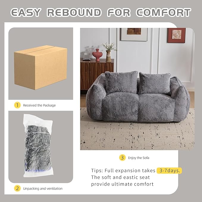 Alpen 75 Couch Loveseat Boneless Sofas with Armrests Faux Rabbit Fur Fabric Couches with Tufted Cushion &amp Backrest Sofa in a Box Large Bean Bag Chair for Bedroom Living Room Grey