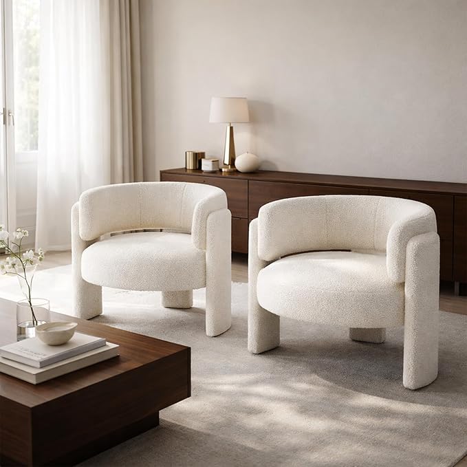 Velvet Accent Chairs Set of 2 Barrel Accent Chair for Living Room Upholstered Barrel Armchair Teddy Velvet Comfy Padded Reading Chairs for Bedroom Single Sofa with Wood Frame