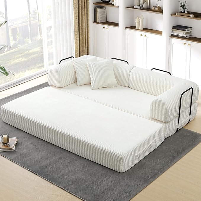 Convertible Folding Sofa Bed Corduroy Sleeper Mattress Couch with Fixed-Shape Frame Free Combination Loveseat Lounge Floor Sofa Queen Size Memory Foam Couch for Living Room Bedroom White