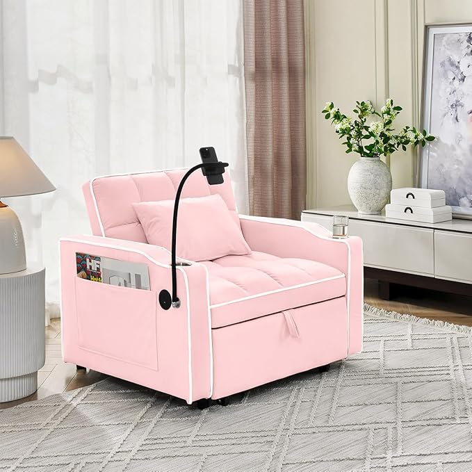 Convertible Chair Bed 3 in 1 Sofa Bed Chair with Adjustable Backrest &amp Cup Holder &amp Charging Station Small Space One Person Couch for Apartment Office Living Room Bedroom (Pink)