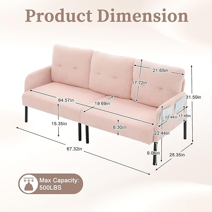 KEIKI 67 Corduroy Loveseat Sofa with Double Side Pockets &amp High Resilience Cushion Modern Style Upholstery Oversized 2-Seater Couch with Metal Legs Easy Assembly for Living Room Pink
